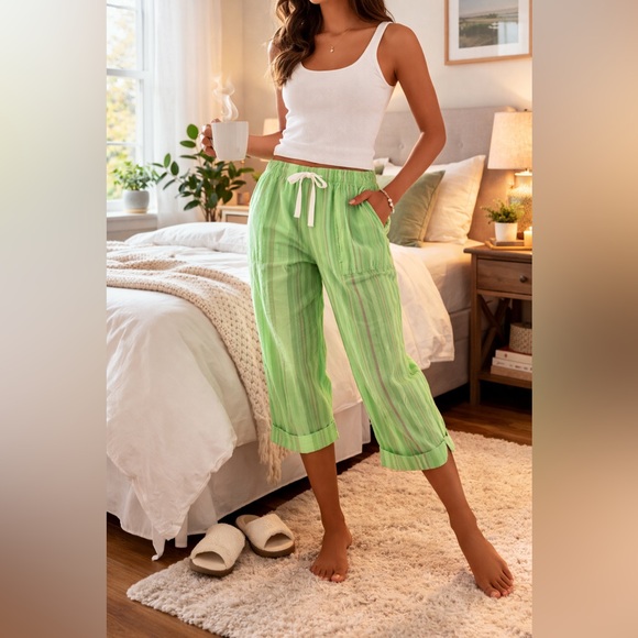 Disney Store Tinker Bell Green Stripe Pajama Pants 100% Cotton Size Large - Picture 1 of 10